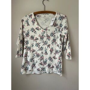SOLD            NWT J Jill Cream Floral Pima Cotton 3/4 Sleeve V Neck Petite